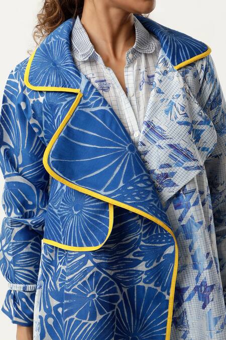 Jajaabor Blue Silk Chanderi Embroidered Cutwork Notched Lapel Asymmetric Organza Trench at Aza Fashions Jajaabor_Blue Silk Chanderi Embroidered Cutwork Notched Lapel Asymmetric Organza Trench _at_Aza_Fashions