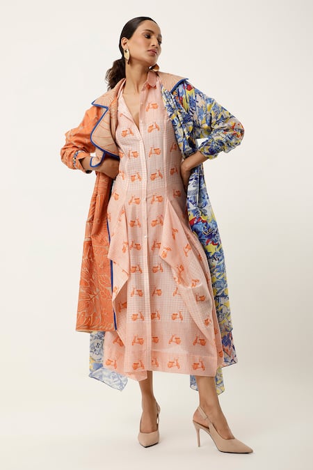 Jajaabor Asymmetric Organza Printed Trench Coat 