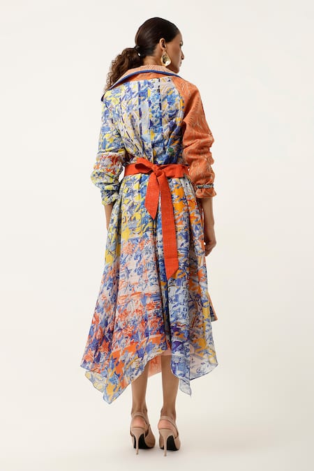 Shop Jajaabor Orange Silk Chanderi Embroidered Cutwork Asymmetric Organza Printed Trench Coat at Aza Fashions Shop_Jajaabor_Orange Silk Chanderi Embroidered Cutwork Asymmetric Organza Printed Trench Coat _at_Aza_Fashions