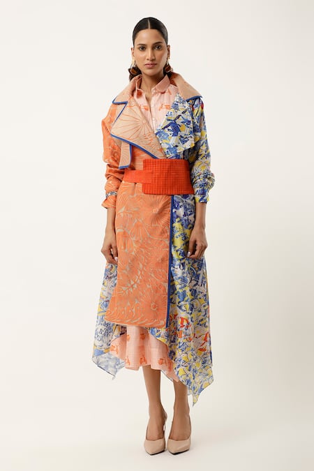 Jajaabor Orange Silk Chanderi Embroidered Cutwork Asymmetric Organza Printed Trench Coat Online at Aza Fashions Jajaabor_Orange Silk Chanderi Embroidered Cutwork Asymmetric Organza Printed Trench Coat _Online_at_Aza_Fashions
