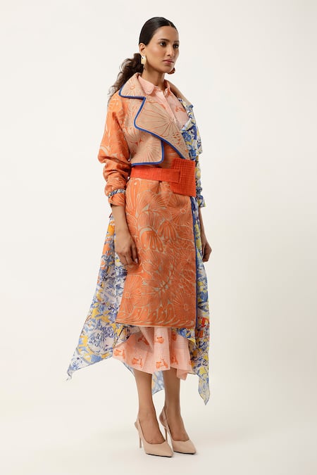 Buy Jajaabor Orange Silk Chanderi Embroidered Cutwork Asymmetric Organza Printed Trench Coat Online at Aza Fashions Buy_Jajaabor_Orange Silk Chanderi Embroidered Cutwork Asymmetric Organza Printed Trench Coat _Online_at_Aza_Fashions