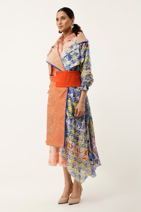 Shop Jajaabor Orange Silk Chanderi Embroidered Cutwork Asymmetric Organza Printed Trench Coat Online at Aza Fashions Shop_Jajaabor_Orange Silk Chanderi Embroidered Cutwork Asymmetric Organza Printed Trench Coat _Online_at_Aza_Fashions