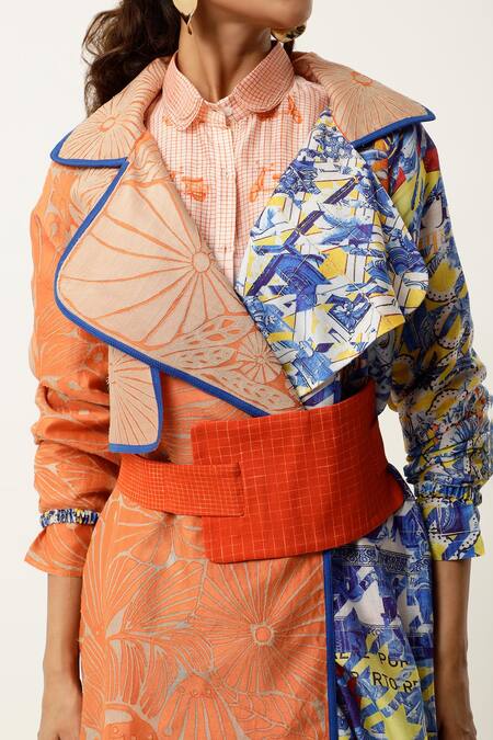 Jajaabor Orange Silk Chanderi Embroidered Cutwork Asymmetric Organza Printed Trench Coat at Aza Fashions Jajaabor_Orange Silk Chanderi Embroidered Cutwork Asymmetric Organza Printed Trench Coat _at_Aza_Fashions