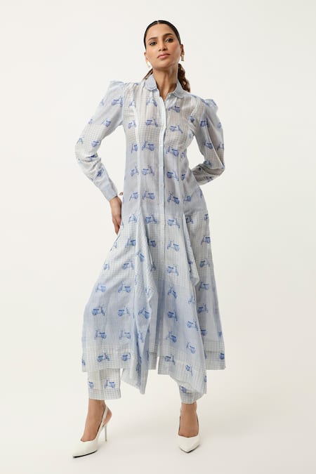 Jajaabor Scooter Print Asymmetric Kurta With Pant 