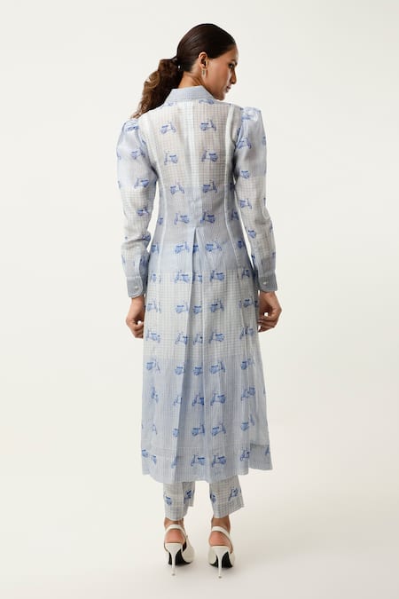 Shop Jajaabor Blue Silk Chanderi Printed Scooter Collar Asymmetric Kurta With Pant at Aza Fashions Shop_Jajaabor_Blue Silk Chanderi Printed Scooter Collar Asymmetric Kurta With Pant _at_Aza_Fashions
