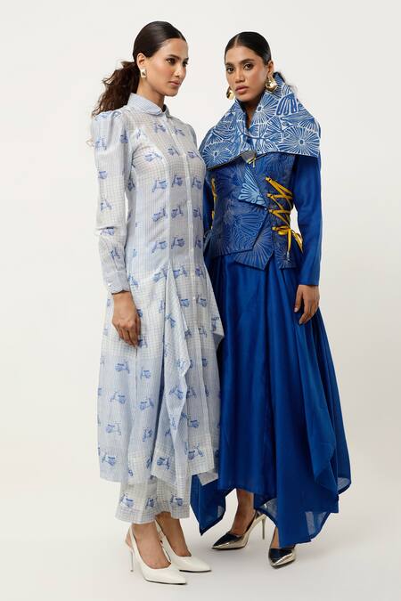Jajaabor Blue Silk Chanderi Printed Scooter Collar Asymmetric Kurta With Pant Online at Aza Fashions Jajaabor_Blue Silk Chanderi Printed Scooter Collar Asymmetric Kurta With Pant _Online_at_Aza_Fashions