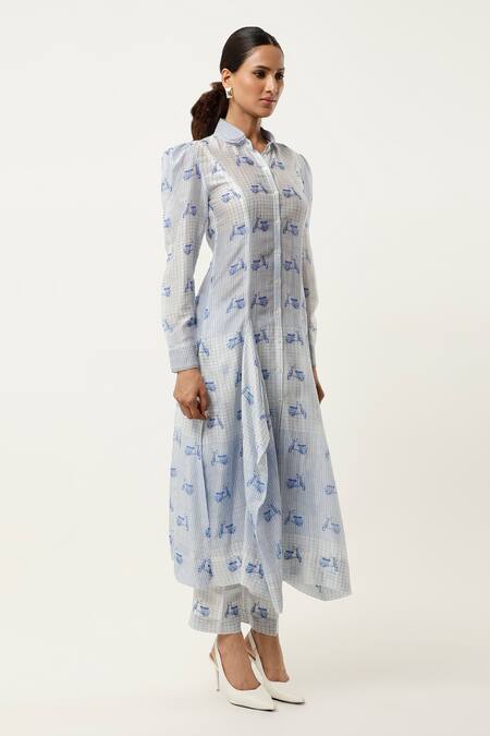 Buy Jajaabor Blue Silk Chanderi Printed Scooter Collar Asymmetric Kurta With Pant Online at Aza Fashions Buy_Jajaabor_Blue Silk Chanderi Printed Scooter Collar Asymmetric Kurta With Pant _Online_at_Aza_Fashions