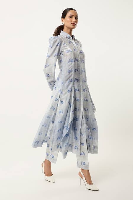 Shop Jajaabor Blue Silk Chanderi Printed Scooter Collar Asymmetric Kurta With Pant Online at Aza Fashions Shop_Jajaabor_Blue Silk Chanderi Printed Scooter Collar Asymmetric Kurta With Pant _Online_at_Aza_Fashions