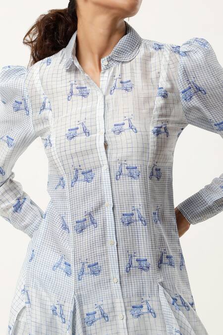 Jajaabor Blue Silk Chanderi Printed Scooter Collar Asymmetric Kurta With Pant at Aza Fashions Jajaabor_Blue Silk Chanderi Printed Scooter Collar Asymmetric Kurta With Pant _at_Aza_Fashions