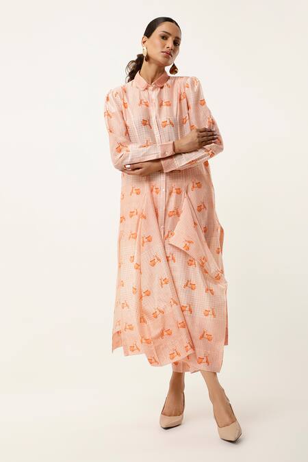 Buy Jajaabor Orange Silk Chanderi Printed Scooter Collar Kurta With Pant Online at Aza Fashions Buy_Jajaabor_Orange Silk Chanderi Printed Scooter Collar Kurta With Pant _Online_at_Aza_Fashions