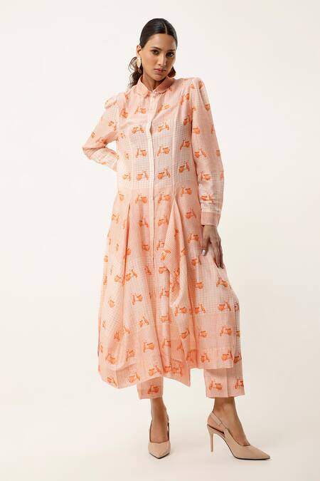 Shop Jajaabor Orange Silk Chanderi Printed Scooter Collar Kurta With Pant Online at Aza Fashions Shop_Jajaabor_Orange Silk Chanderi Printed Scooter Collar Kurta With Pant _Online_at_Aza_Fashions