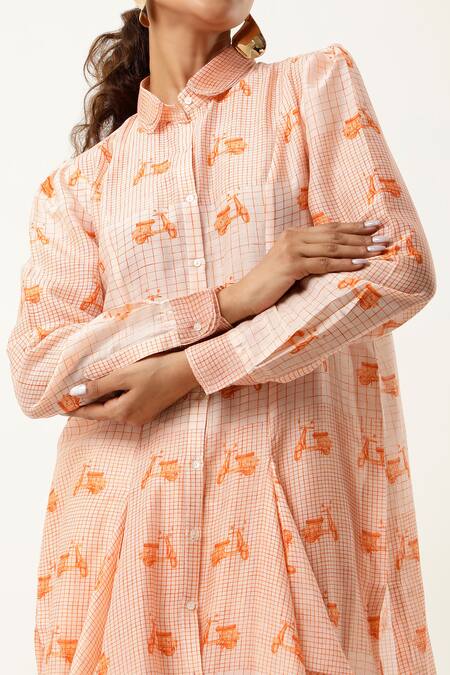 Jajaabor Orange Silk Chanderi Printed Scooter Collar Kurta With Pant at Aza Fashions Jajaabor_Orange Silk Chanderi Printed Scooter Collar Kurta With Pant _at_Aza_Fashions