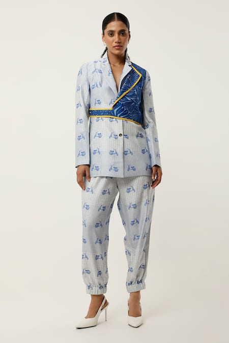 Jajaabor Blue Silk Chanderi Printed Scooter Notched Lapel Jacket With Joggers 