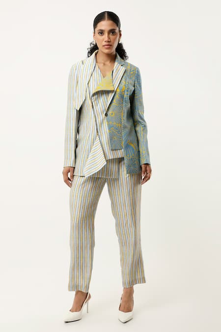 Jajaabor Stripe Print & Embroidered Jacket With Pant 