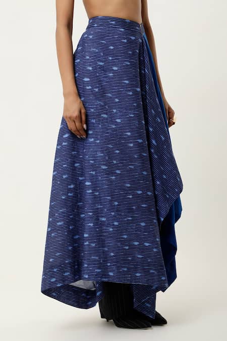 Jajaabor_Blue Cotton Linen Printed Stripe Asymmetric Skirt _Online_at_Aza_Fashions