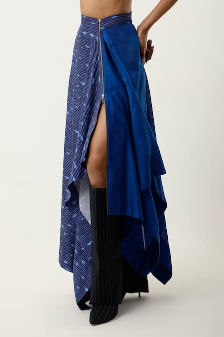 Buy_Jajaabor_Blue Cotton Linen Printed Stripe Asymmetric Skirt _Online_at_Aza_Fashions