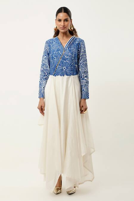 Jajaabor_Ivory Cotton, Chanderi, Linen Cut Work V-neck Floral Asymmetric Kurta With Pant _Online_at_Aza_Fashions