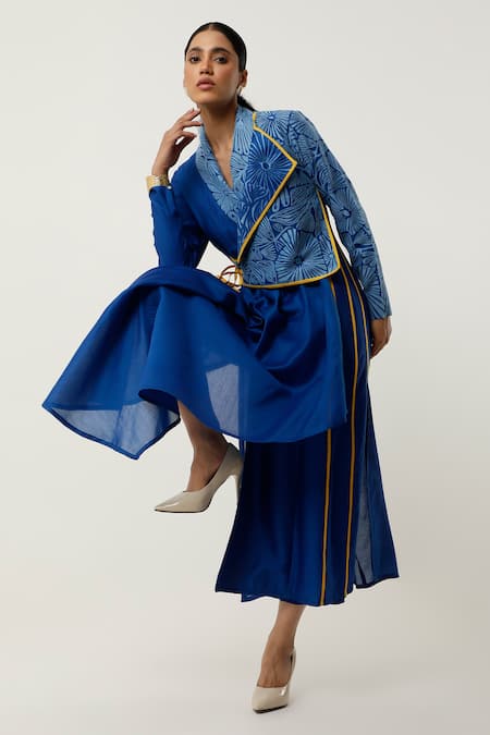 Jajaabor_Blue Cotton, Silk, Chanderi, Linen Floral Cutwork Overlap Angrakha With Pant _Online_at_Aza_Fashions