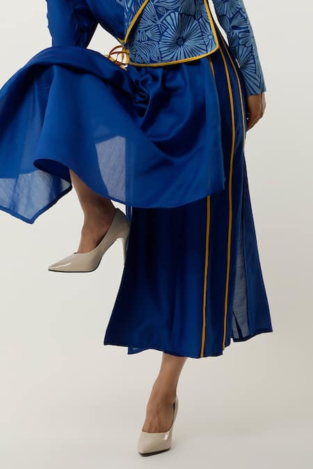 Jajaabor_Blue Cotton, Silk, Chanderi, Linen Floral Cutwork Overlap Angrakha With Pant _at_Aza_Fashions