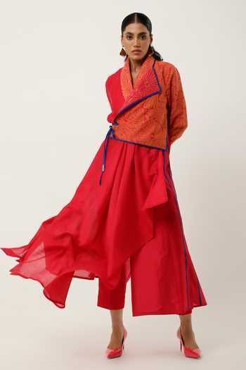 Jajaabor_Pink Cotton, Silk, Chanderi Cut Work Collared Overlap Angrakha With Pant _Online_at_Aza_Fashions