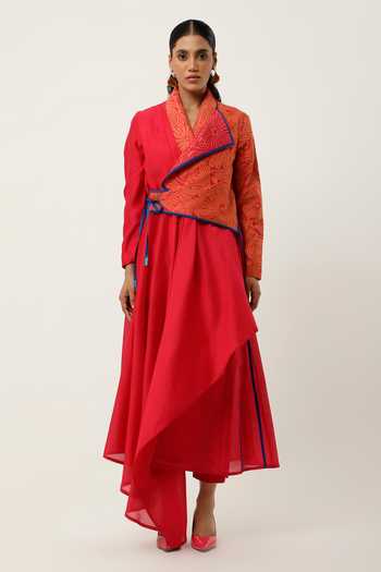 Buy_Jajaabor_Pink Cotton, Silk, Chanderi Cut Work Collared Overlap Angrakha With Pant _Online_at_Aza_Fashions
