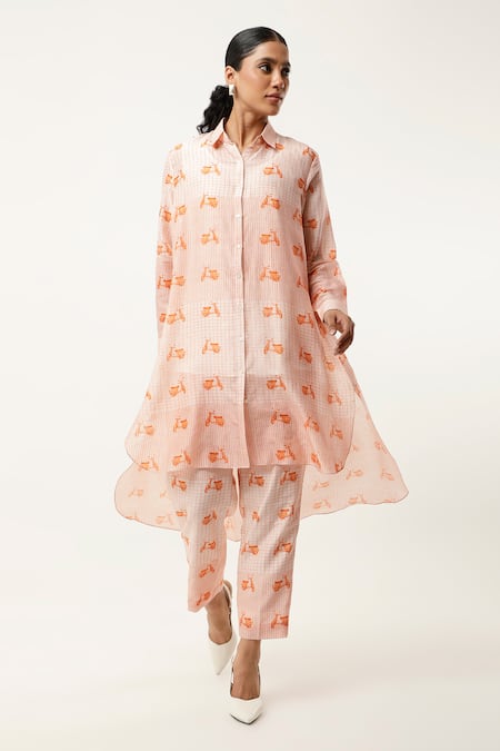 Jajaabor Orange Silk Chanderi Embroidered Scooter And Checks Print High Low Kurta With Pant 