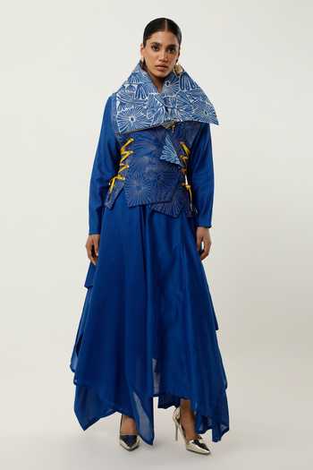 Jajaabor_Blue Organza, Cotton, Cut Work, Draped Jacket With Kurta Set _Online_at_Aza_Fashions