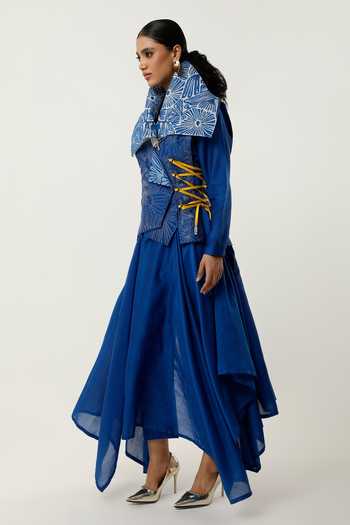 Shop_Jajaabor_Blue Organza, Cotton, Cut Work, Draped Jacket With Kurta Set _Online_at_Aza_Fashions