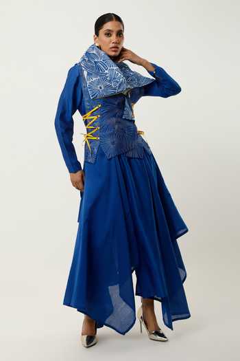 Jajaabor_Blue Organza, Cotton, Cut Work, Draped Jacket With Kurta Set _at_Aza_Fashions