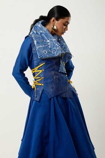 Buy_Jajaabor_Blue Organza, Cotton, Cut Work, Draped Jacket With Kurta Set 