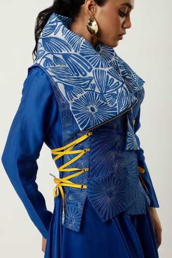 Shop_Jajaabor_Blue Organza, Cotton, Cut Work, Draped Jacket With Kurta Set 