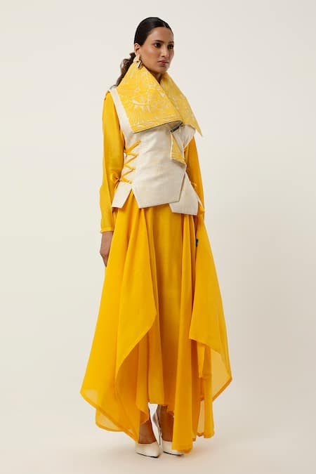 Jajaabor_Yellow Organza, Cotton Satin, Cotton, Draped Jacket With Kurta Set _Online_at_Aza_Fashions