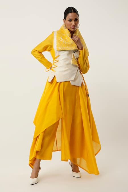 Shop_Jajaabor_Yellow Organza, Cotton Satin, Cotton, Draped Jacket With Kurta Set _Online_at_Aza_Fashions