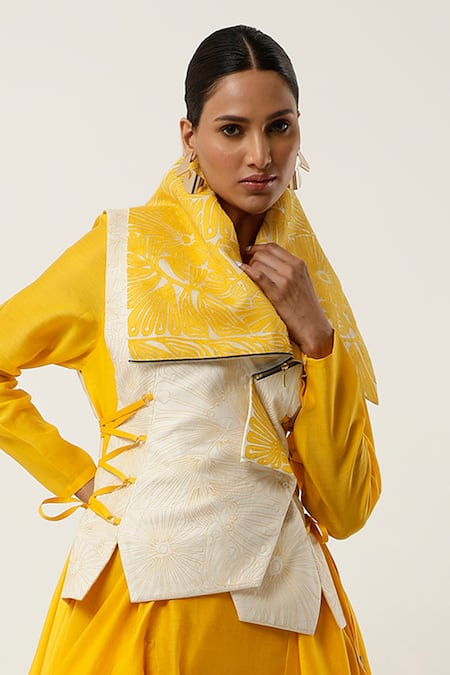 Jajaabor_Yellow Organza, Cotton Satin, Cotton, Draped Jacket With Kurta Set _at_Aza_Fashions