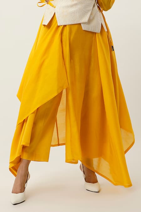 Buy_Jajaabor_Yellow Organza, Cotton Satin, Cotton, Draped Jacket With Kurta Set 