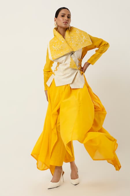 Shop_Jajaabor_Yellow Organza, Cotton Satin, Cotton, Draped Jacket With Kurta Set 