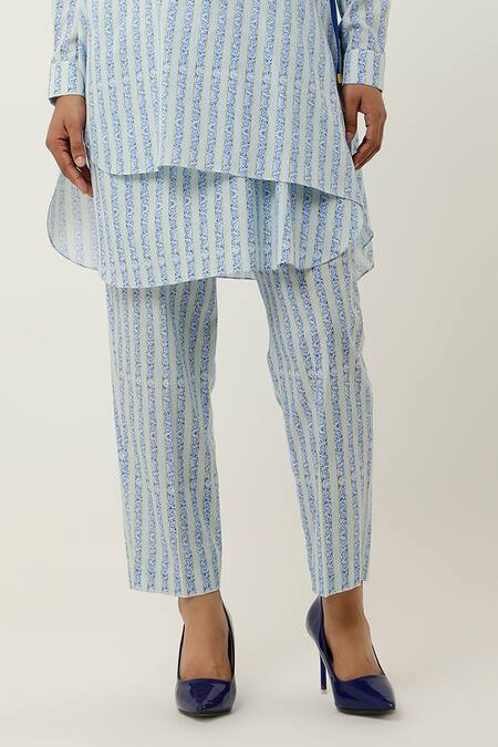 Buy_Jajaabor_Blue Cotton Linen Printed Stripe Collar Overlapped Kurta With Pant _Online_at_Aza_Fashions