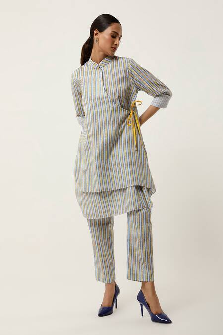 Shop_Jajaabor_Yellow Cotton Linen Printed Stripe Ornamental Overlapped Kurta With Pant _Online_at_Aza_Fashions