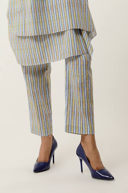 Jajaabor_Yellow Cotton Linen Printed Stripe Ornamental Overlapped Kurta With Pant _at_Aza_Fashions