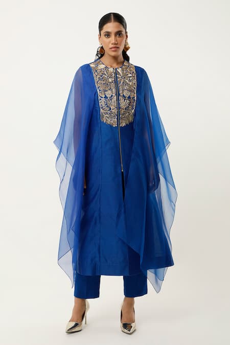 Jajaabor_Blue Organza, Satin Embroidery Round Neck Floral Yoke Kurta With Pant _Online_at_Aza_Fashions