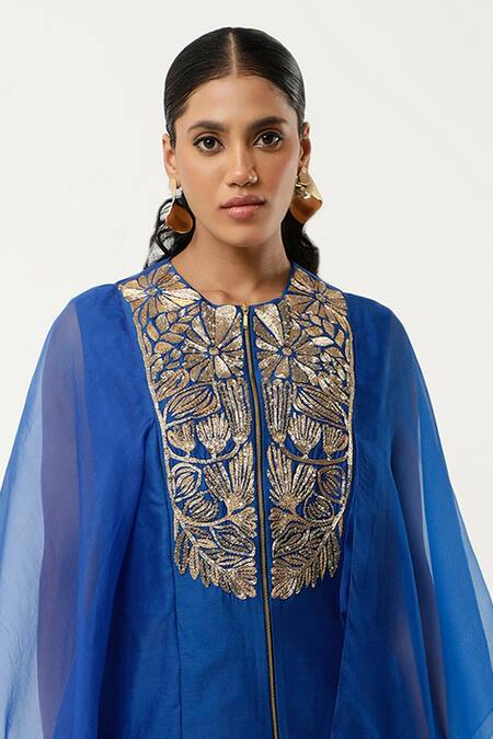 Buy_Jajaabor_Blue Organza, Satin Embroidery Round Neck Floral Yoke Kurta With Pant _Online_at_Aza_Fashions