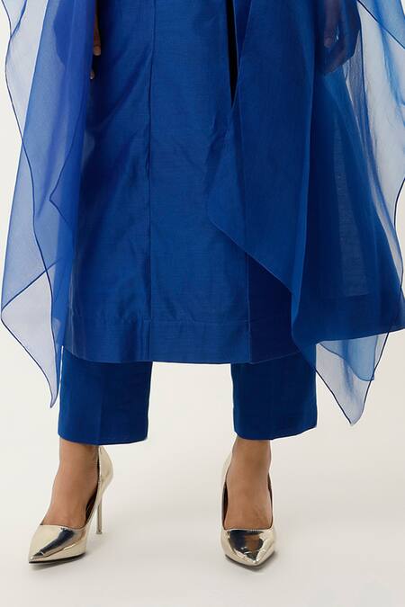 Shop_Jajaabor_Blue Organza, Satin Embroidery Round Neck Floral Yoke Kurta With Pant _Online_at_Aza_Fashions