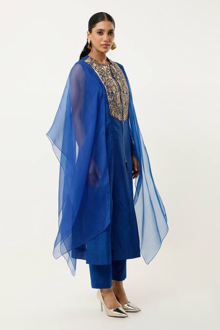 Jajaabor_Blue Organza, Satin Embroidery Round Neck Floral Yoke Kurta With Pant _at_Aza_Fashions