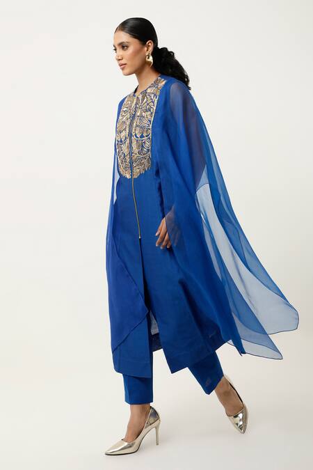 Buy_Jajaabor_Blue Organza, Satin Embroidery Round Neck Floral Yoke Kurta With Pant 