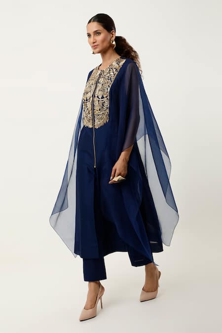 Buy Jajaabor Blue Silk Organza Embroidery Round Neck Floral Cape Kurta With Pant Online at Aza Fashions Buy_Jajaabor_Blue Silk Organza Embroidery Round Neck Floral Cape Kurta With Pant _Online_at_Aza_Fashions