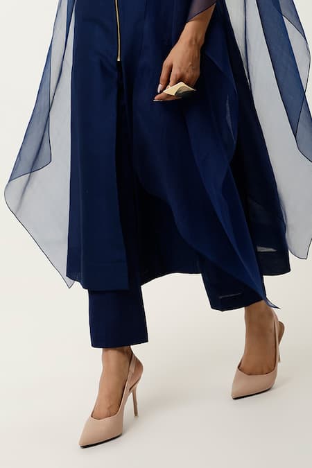 Shop Jajaabor Blue Silk Organza Embroidery Round Neck Floral Cape Kurta With Pant Online at Aza Fashions Shop_Jajaabor_Blue Silk Organza Embroidery Round Neck Floral Cape Kurta With Pant _Online_at_Aza_Fashions