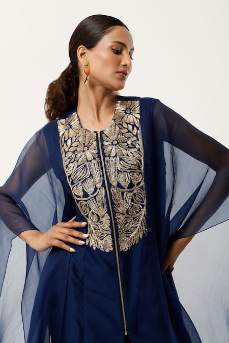 Jajaabor Blue Silk Organza Embroidery Round Neck Floral Cape Kurta With Pant at Aza Fashions Jajaabor_Blue Silk Organza Embroidery Round Neck Floral Cape Kurta With Pant _at_Aza_Fashions