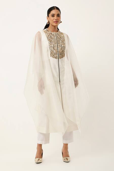 Jajaabor_Ivory Organza, Satin, , Chanderi Flora Yoke Kurta With Pant _Online_at_Aza_Fashions