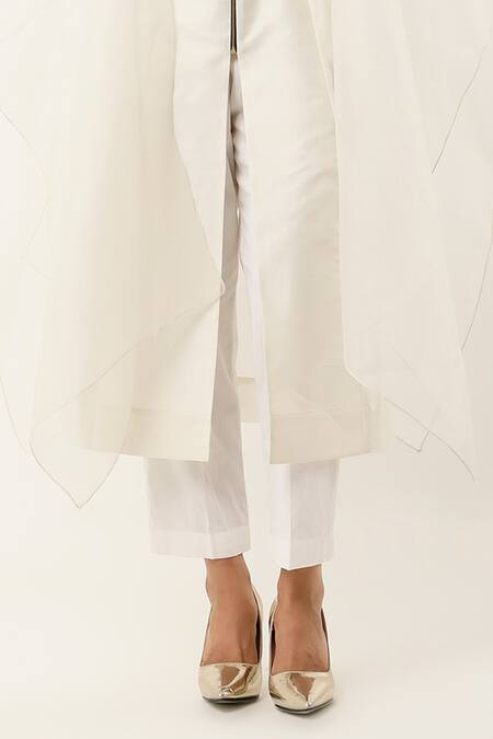 Buy_Jajaabor_Ivory Organza, Satin, , Chanderi Flora Yoke Kurta With Pant _Online_at_Aza_Fashions