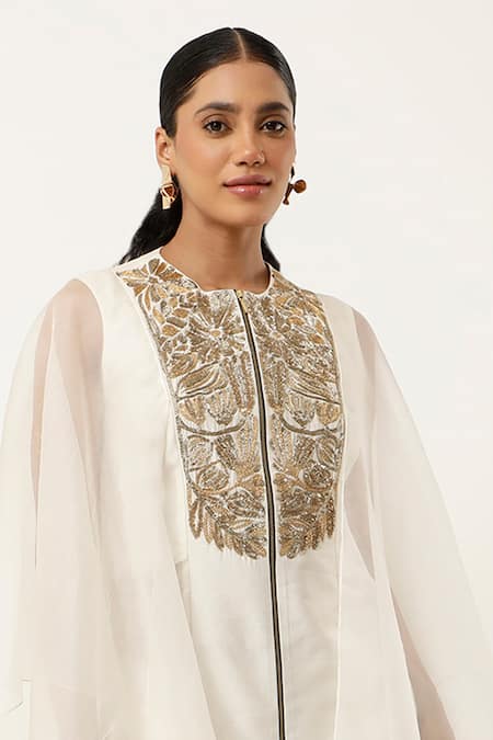 Shop_Jajaabor_Ivory Organza, Satin, , Chanderi Flora Yoke Kurta With Pant _Online_at_Aza_Fashions